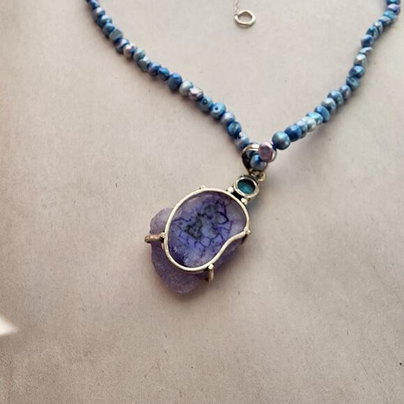 Sterling 925 Blue Pearl Necklace Choker coquette fairy Blue Solar Quartz In Box - Picture 6 of 9